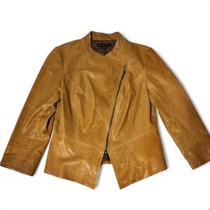 Lafayette 148 New York Camel Leather Jacket with Asymmetrical Zipper Detail